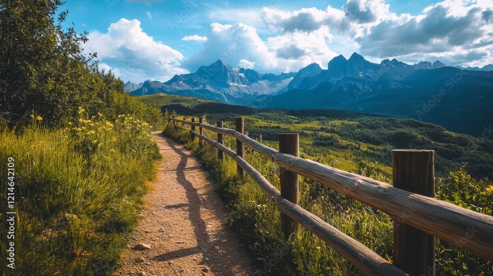 Scenic Pathway Through Lush Valley and Majestic Mountain Range Scenic Pathway Through Lush Valley and Majestic Mountain Range