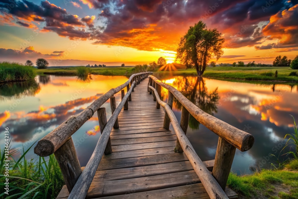 Fototapeta premium Silhouette of Wooden Bridge Over Calm River at Sunset, Sharp Logs Near Pond