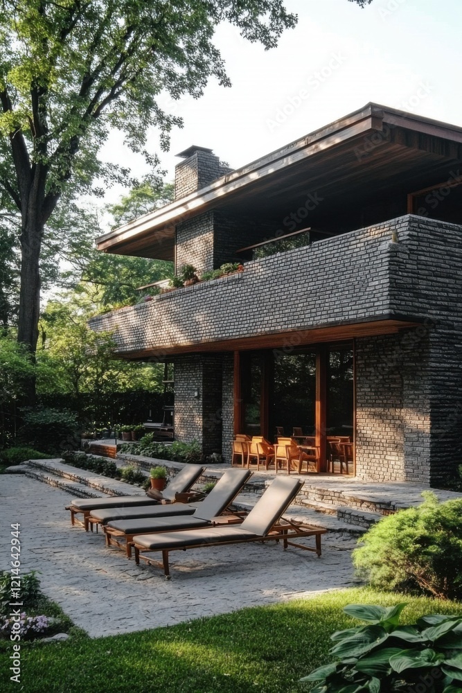 Modern house with outdoor lounge area and patio surrounded by lush green foliage in a serene neighborhood during the evening light Modern house with outdoor lounge area and patio surrounded by lush green foliage in a serene neighborhood during the evening light
