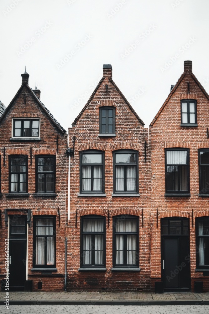 Charming brick houses line a quiet street in a historic European town on a cloudy day, showcasing traditional architecture and inviting character Charming brick houses line a quiet street in a historic European town on a cloudy day, showcasing traditional architecture and inviting character