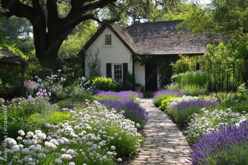 Charming pathway leads through vibrant flower garden to a quaint cottage in a serene countryside setting, surrounded by lush greenery and blooming plants Charming pathway leads through vibrant flower garden to a quaint cottage in a serene countryside setting, surrounded by lush greenery and blooming plants