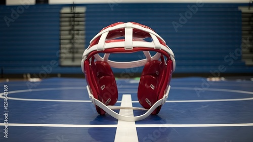 A single wrestling headgear placed on a mat