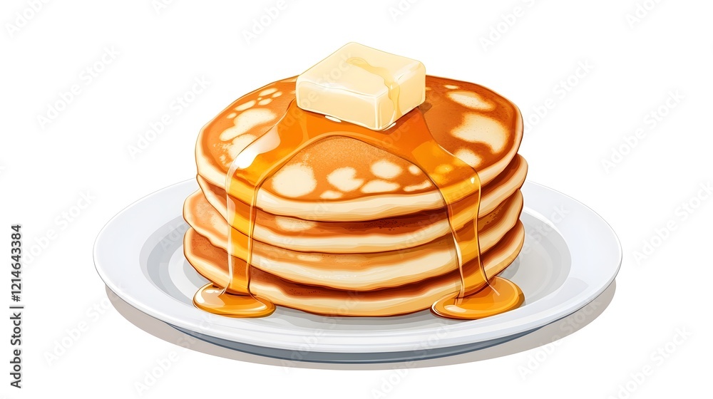 Delicious Maple Syrup Dripping from Fluffy Pancakes with Butter on a White Plate