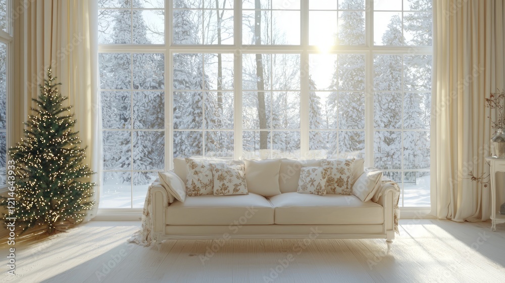 Fototapeta premium Cozy Winter Haven - Stylish Sofa with January Pillow Covers Bathed in Crisp Daylight Through Large Window, Ultra-Detailed Interior Cinematic Shot
