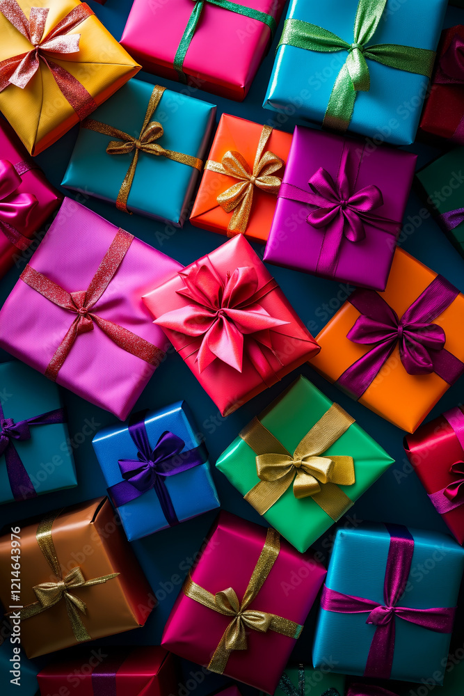 A bunch of brightly colored presents with bows and ribbons A bunch of brightly colored presents with bows and ribbons