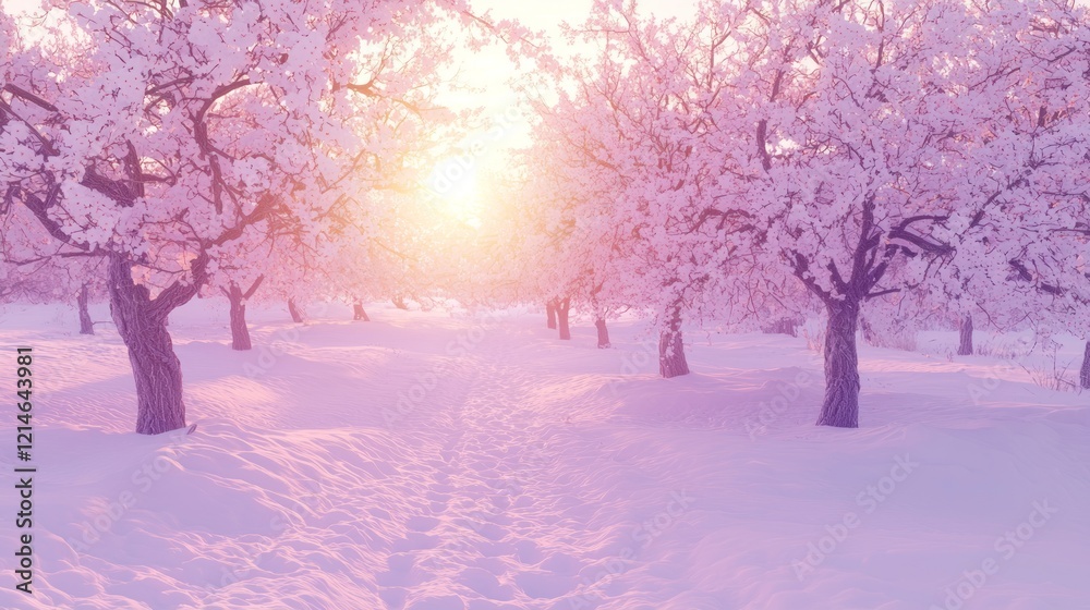 Serene Orchard Slope Bathed in Sunlight with Footprints Leading to Sunrise Cinematic Scene Serene Orchard Slope Bathed in Sunlight with Footprints Leading to Sunrise Cinematic Scene