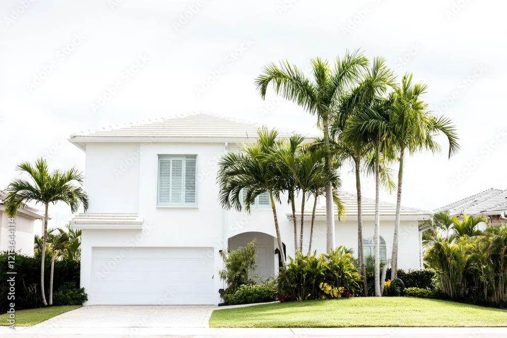 Obraz premium A beautiful white house surrounded by palm trees, perfect for tropical or beach-themed designs
