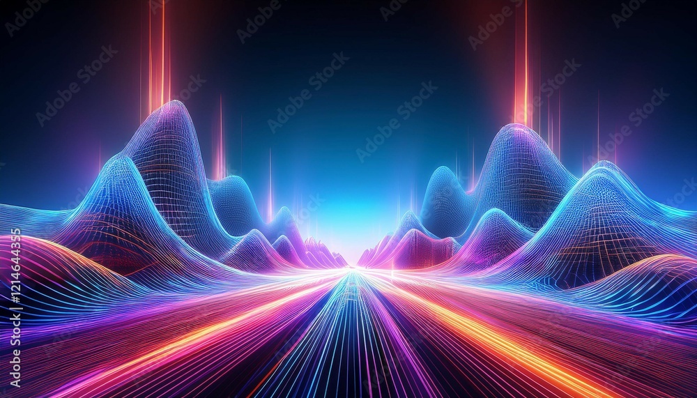 vibrant abstract digital landscape with dynamic neon lights and flowing patterns creating an immersive futuristic atmosphere