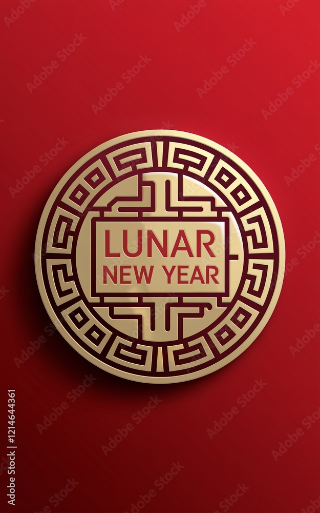 Gold Lunar New Year medallion on red. Gold Lunar New Year medallion on red.