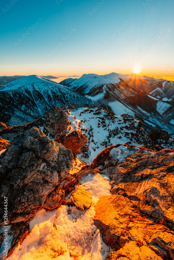 Naklejka premium Winter hiking to Velky Rozsutec in Mala Fatra National park is full of beautiful views. Sunset in Slovakia mountains. Slovakia landscape