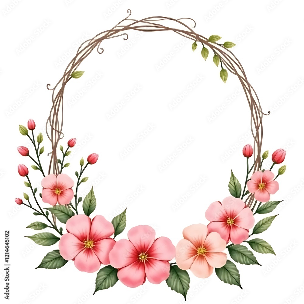 Obraz premium Floral Wreath Frame: Delicate watercolor painting of a circular wreath adorned with blush pink flowers, lush green leaves, and intertwined twigs, perfect for invitations, cards.