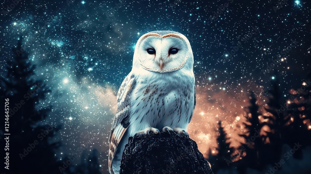 Fototapeta premium Owl blending with a glowing constellation, cosmic invisibility, 3D illustration