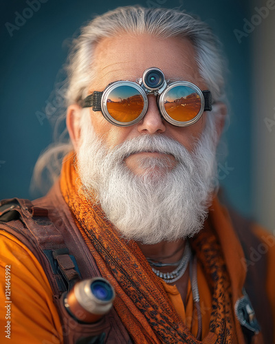 close up of indian sadhu wearing sunglasses photo