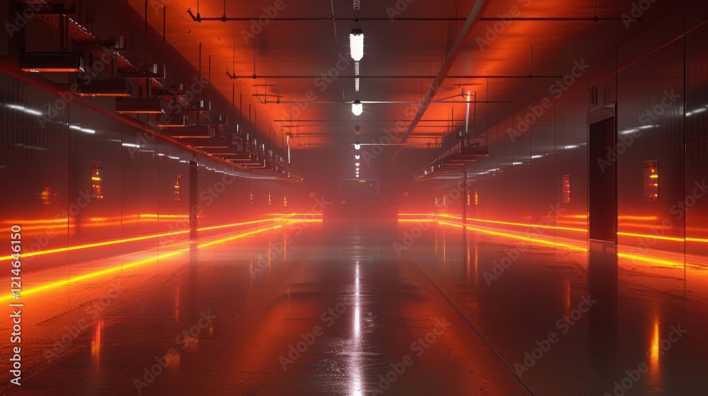 Futuristic industrial corridor illuminated by glowing red lights, showcasing sleek surfaces and reflections Futuristic industrial corridor illuminated by glowing red lights, showcasing sleek surfaces and reflections