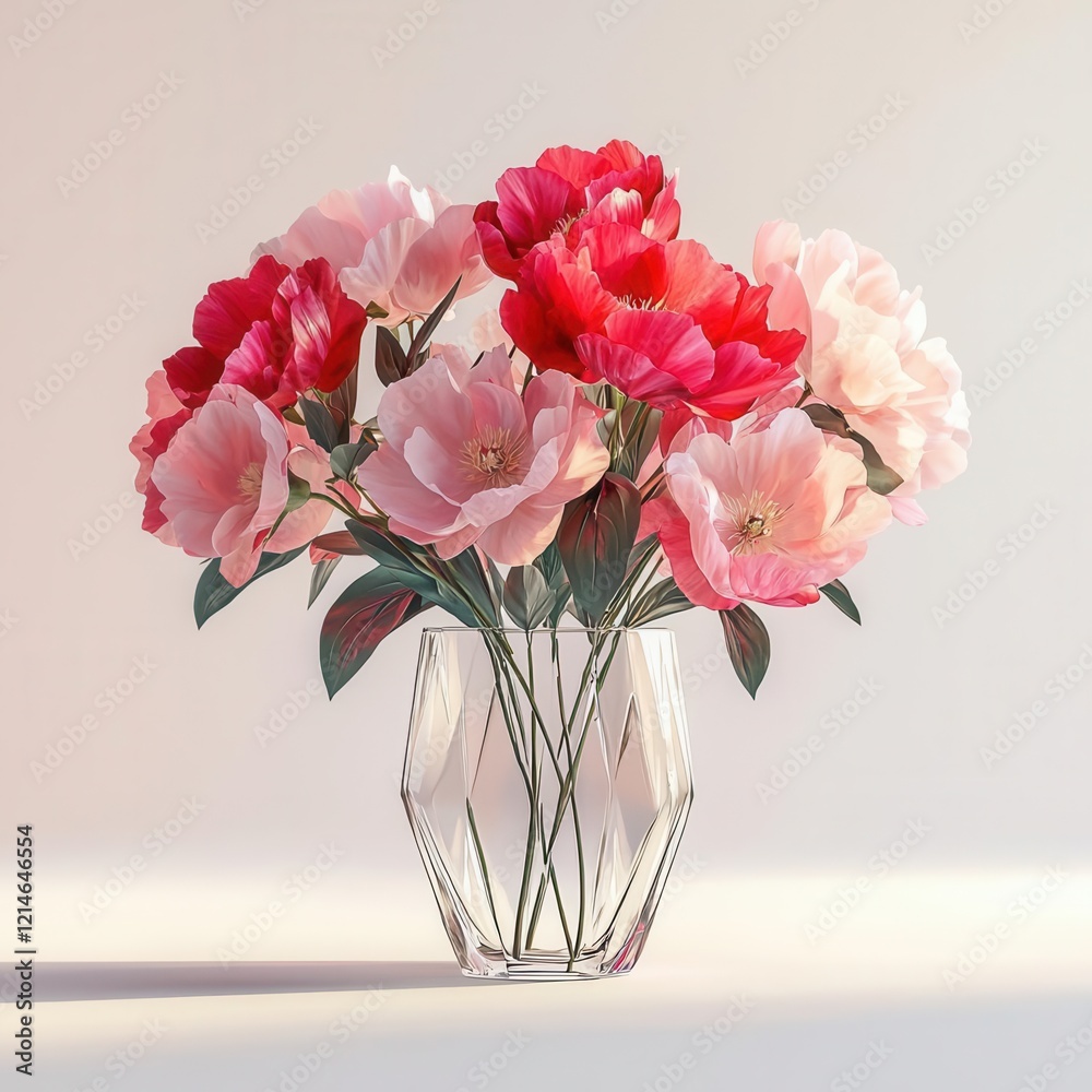 Vibrant Red & Pink Peony Arrangement Geometric Glass Container 3D Render Vibrant Red & Pink Peony Arrangement Geometric Glass Container 3D Render