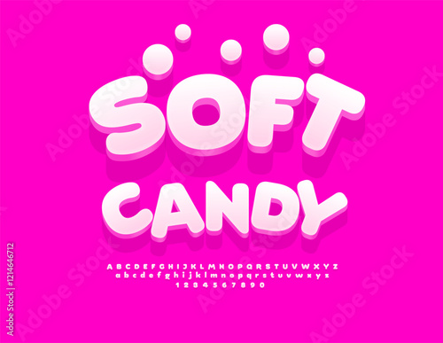 Vector Joyful Badge Soft Candy. Cute White 3D Font. Children Alphabet Letters and Numbers set.