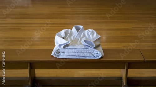 A karate gi folded neatly on a wooden bench