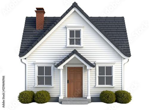 Cozy Two-Story Home with Sloped Roof and Manicured Shrubs