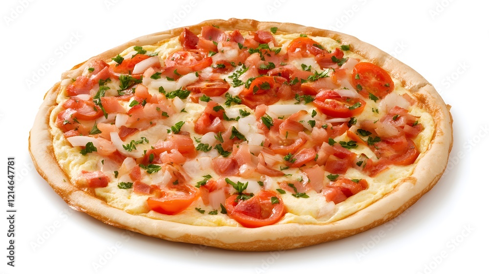 Delicious Freshly Baked Pizza with Tomatoes, Cheese, Onions, and Herbs on a Wooden Table Background Delicious Freshly Baked Pizza with Tomatoes, Cheese, Onions, and Herbs on a Wooden Table Background