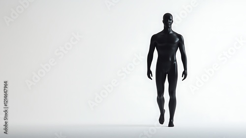 A solitary black figure walks confidently against a minimalistic white backdrop, embodying themes of isolation and strength. photo