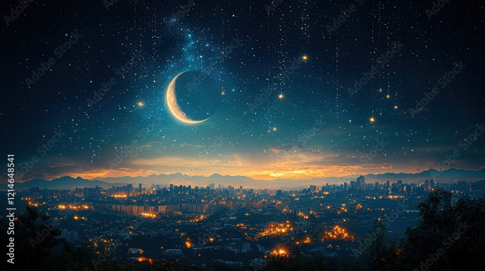 Crescent Moon over Glowing City at Night with a Starry Sky Crescent Moon over Glowing City at Night with a Starry Sky