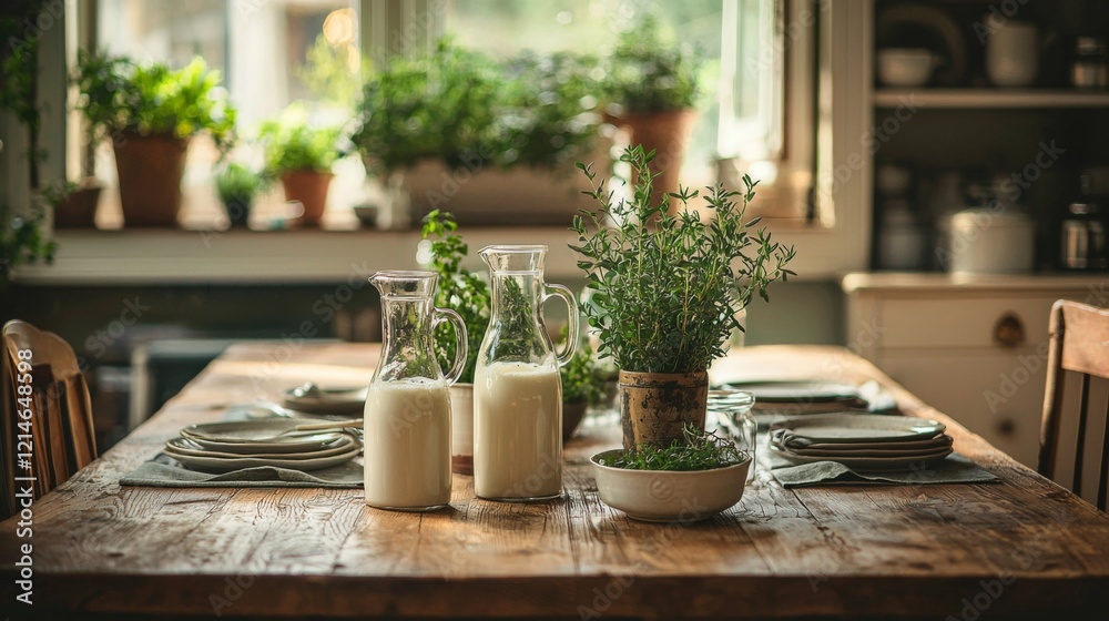 Rustic farmhouse kitchen setup with soda glasses milk jugs herbs