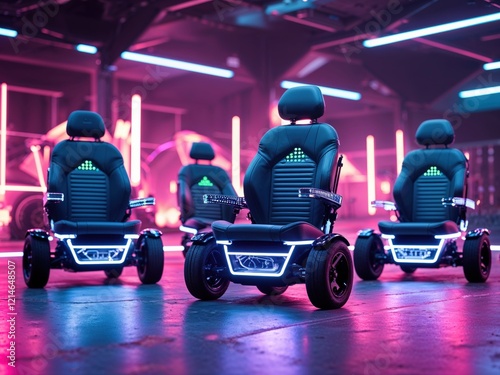 Three futuristic electric carts lined up in a vibrant, neon-lit indoor space, showcasing sleek design and modern technology. photo