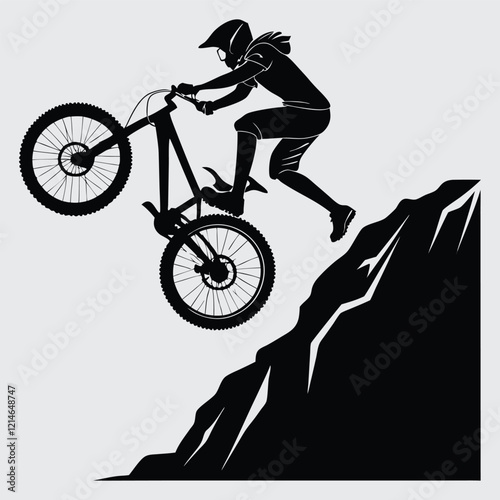 A mountain biker jumping over a rock  image silhouette vector art and illustration