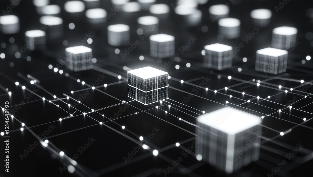 Obraz premium Glowing data cubes connected by lines on a dark background.