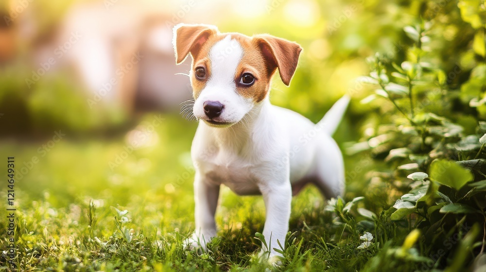 Playful Puppy Learning New Tricks in Sunlit Yard Playful Puppy Learning New Tricks in Sunlit Yard