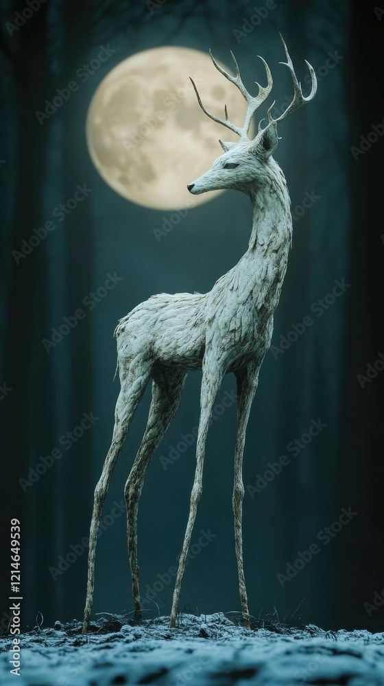 Obraz premium White Deer Stands Silhouetted Against Night Moon Forest