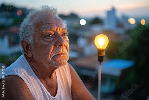 The image showcases an elderly man looking thoughtfully into the distance as warm lighting casts a serene glow on his face, revealing deep expression and reflection.
