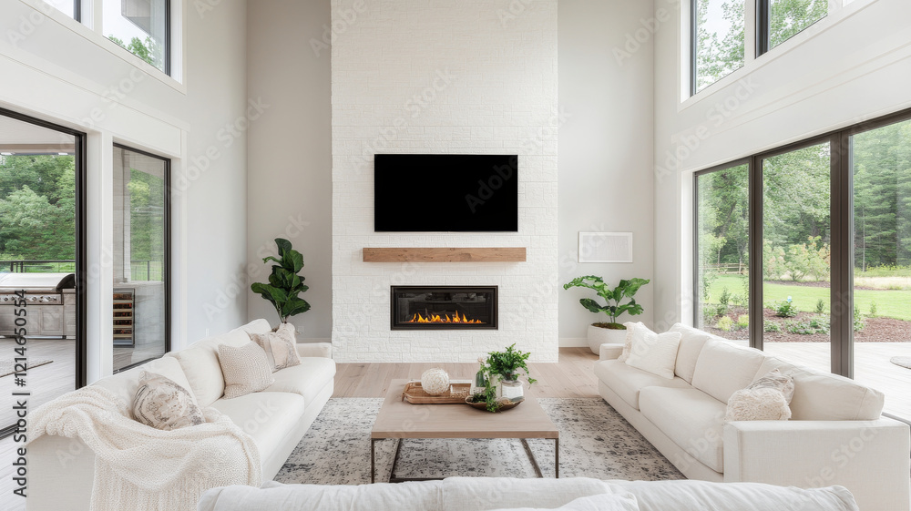 Fototapeta premium Modern living room with white sofas, fireplace, and large windows. space features minimalist design, natural light, and greenery, creating cozy atmosphere