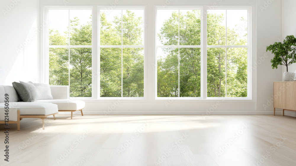 Fototapeta premium Bright living room with large windows, natural light, and greenery