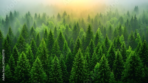 Misty sunrise over dense evergreen forest.