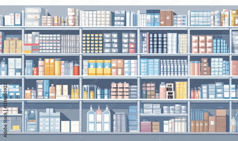 A large warehouse with numerous items. Rows of shelves with boxes. Logistics. Inventory control, order fulfillment or space optimization. Illustration for advertising, marketing, Generative AI A large warehouse with numerous items. Rows of shelves with boxes. Logistics. Inventory control, order fulfillment or space optimization. Illustration for advertising, marketing, Generative AI