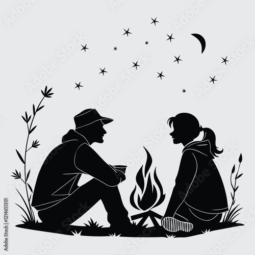 a-couple-sitting-by-a-campfire image silhouette vector art and illustration