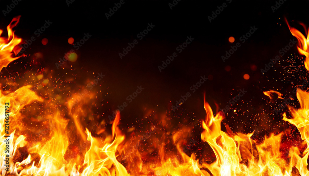 Frame of flames on a black background with fire ember particles Frame of flames on a black background with fire ember particles