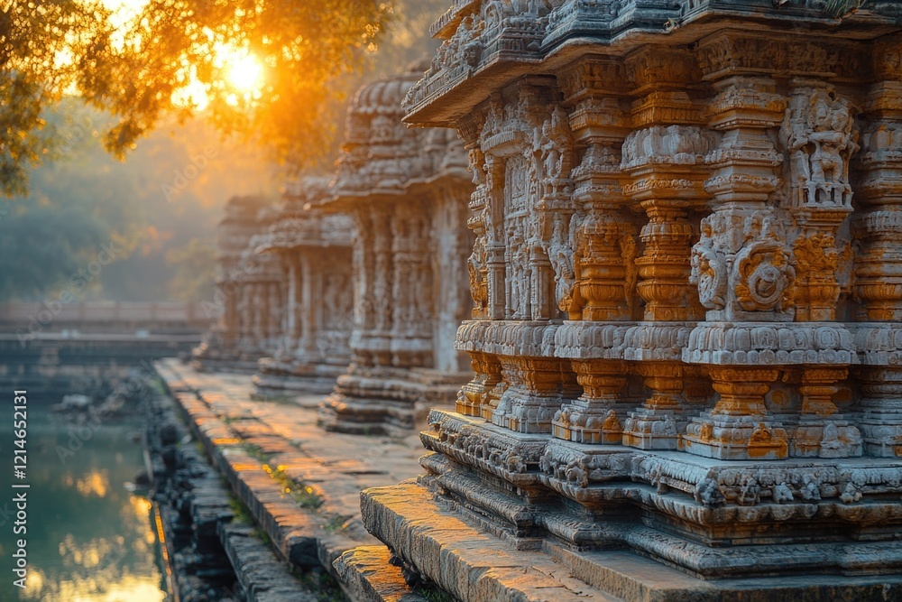 Obraz premium Row of ancient stone structures as the sun sets behind, great for historic or mystical scenes