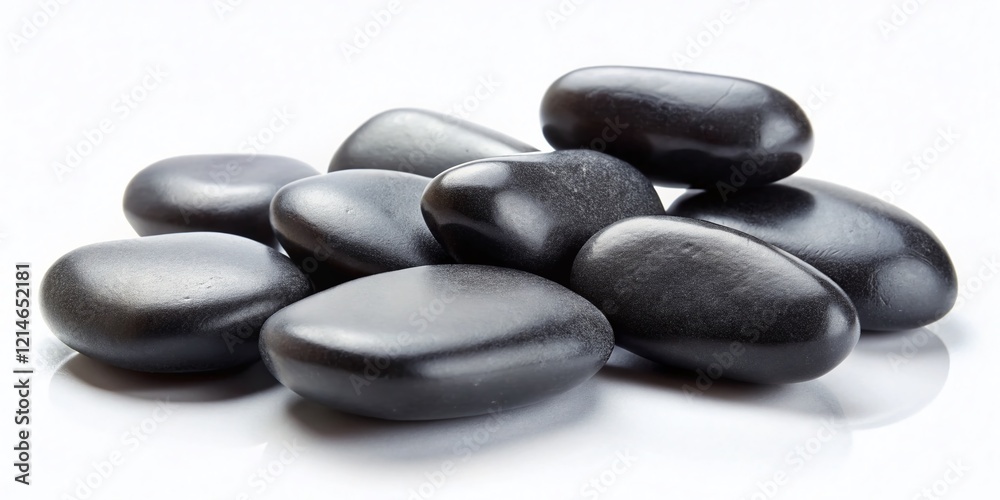 Smooth Black Pebbles on White Background - Natural Stone Texture Stock Photo Smooth Black Pebbles on White Background - Natural Stone Texture Stock Photo