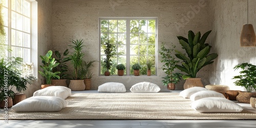 Evergreen yoga session in bright organic room lifestyle environment tranquil viewpoint for mindfulness