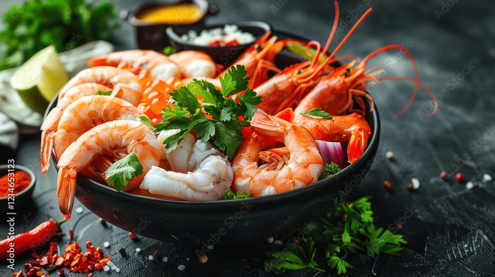 Freshly cooked shrimp dish garnished with herbs, spices, and vegetables on a dark background Freshly cooked shrimp dish garnished with herbs, spices, and vegetables on a dark background