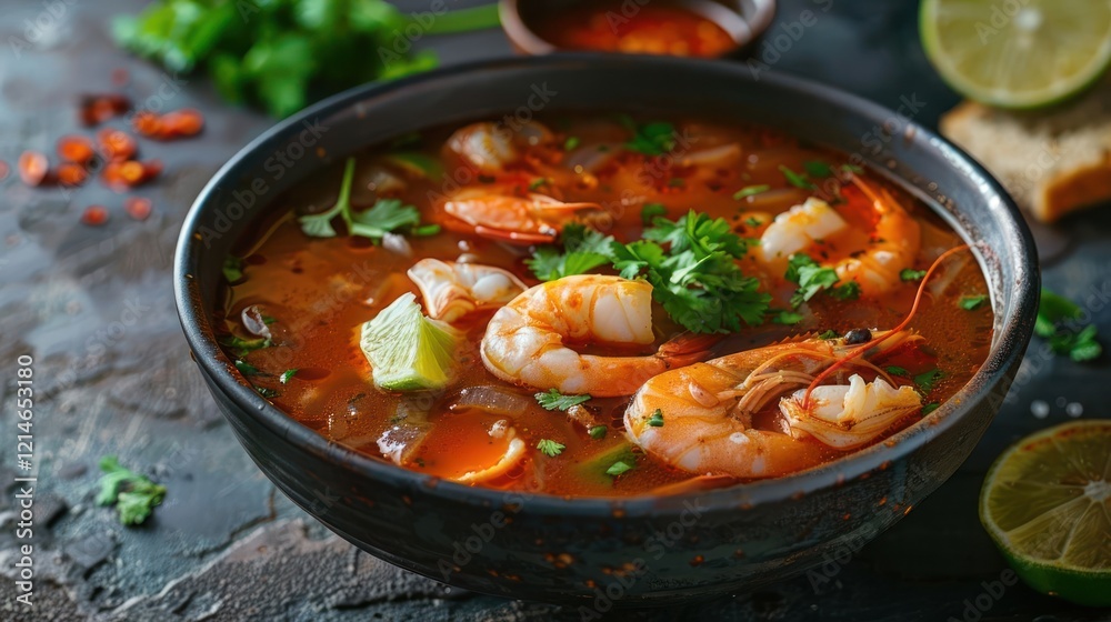A vibrant bowl of shrimp soup garnished with herbs and lime, set against a rustic background A vibrant bowl of shrimp soup garnished with herbs and lime, set against a rustic background