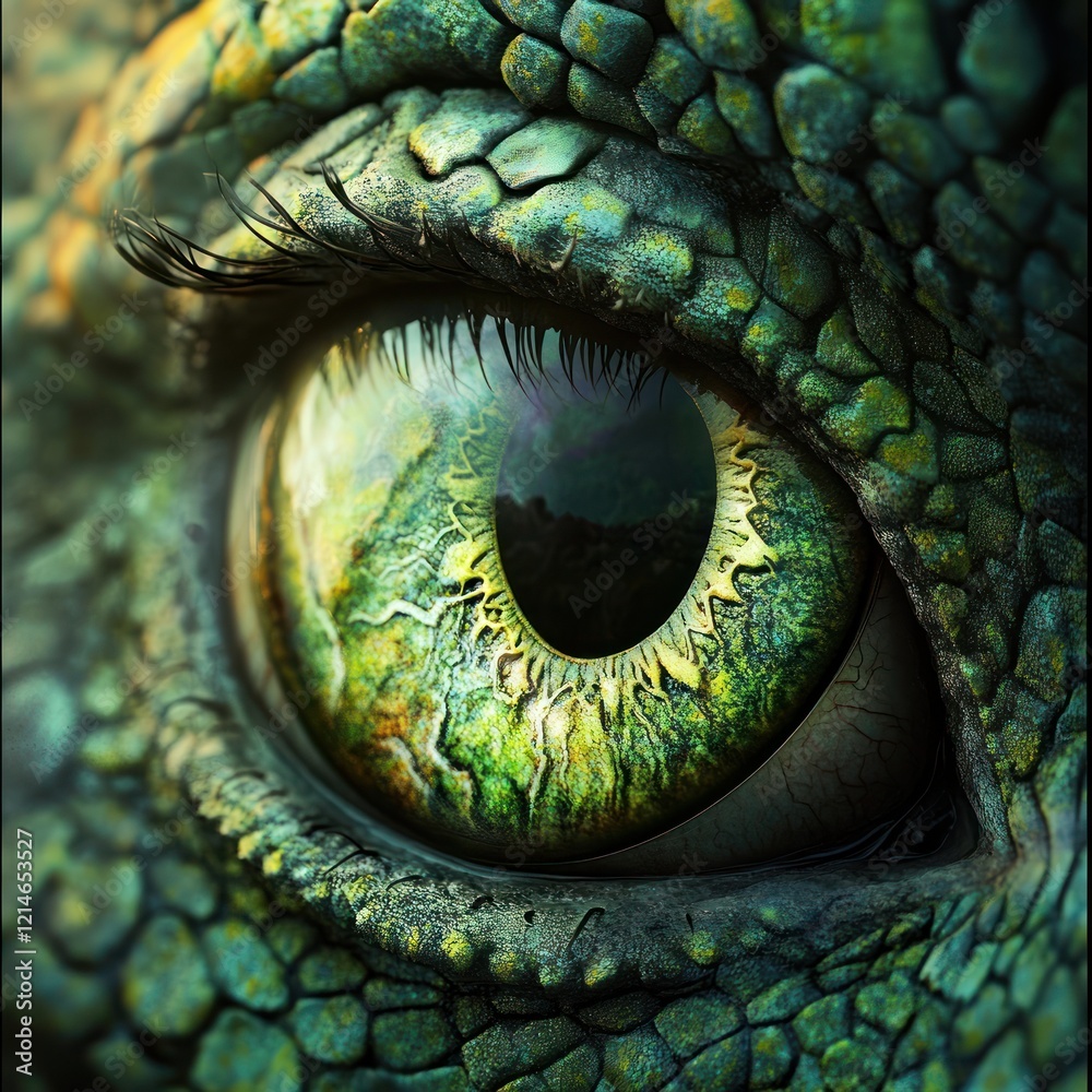 Obraz premium Detailed close-up of a reptile's eye with scale textures and green hues, capturing a vivid gaze