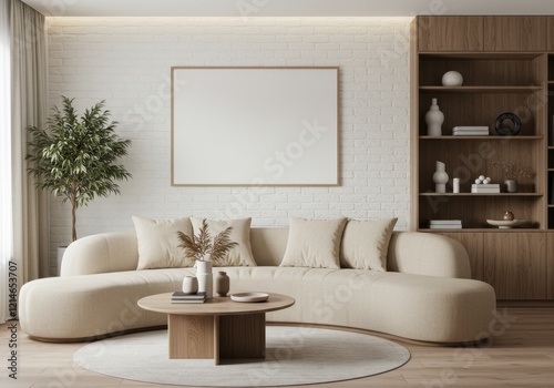 A modern minimalist living room with a curved beige sofa, a round wooden coffee table and a large blank white frame on the wall creating a serene and elegant ambiance