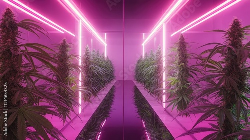 A mirror-finished cannabis sculpture reflecting soft neon lights in a modern gallery.