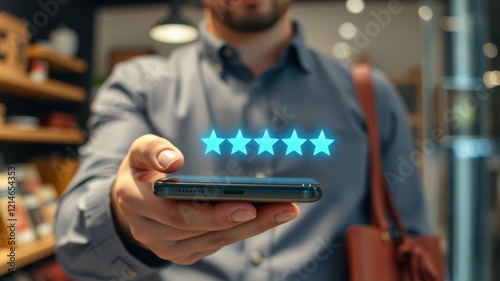 Hand of a Man Showing Mobile Phone with 5 Star Rating Floating Above It in a Modern Store Environment with Creative Display and Soft Lighting