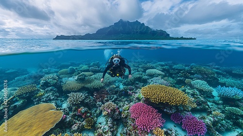 Scuba diver exploring Bora Bora's underwater world, with Mt. Otemanu in the background, colorful coral reefs, and exotic marine life, ideal for adventure and travel visuals. photo