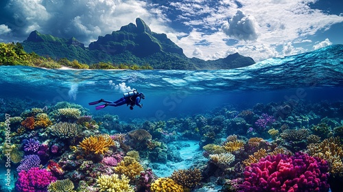 Scuba diver exploring Bora Bora's underwater world, with Mt. Otemanu in the background, colorful coral reefs, and exotic marine life, ideal for adventure and travel visuals.