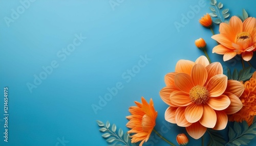 seasonal concept vintage orange flowers on blue background with space for text photo